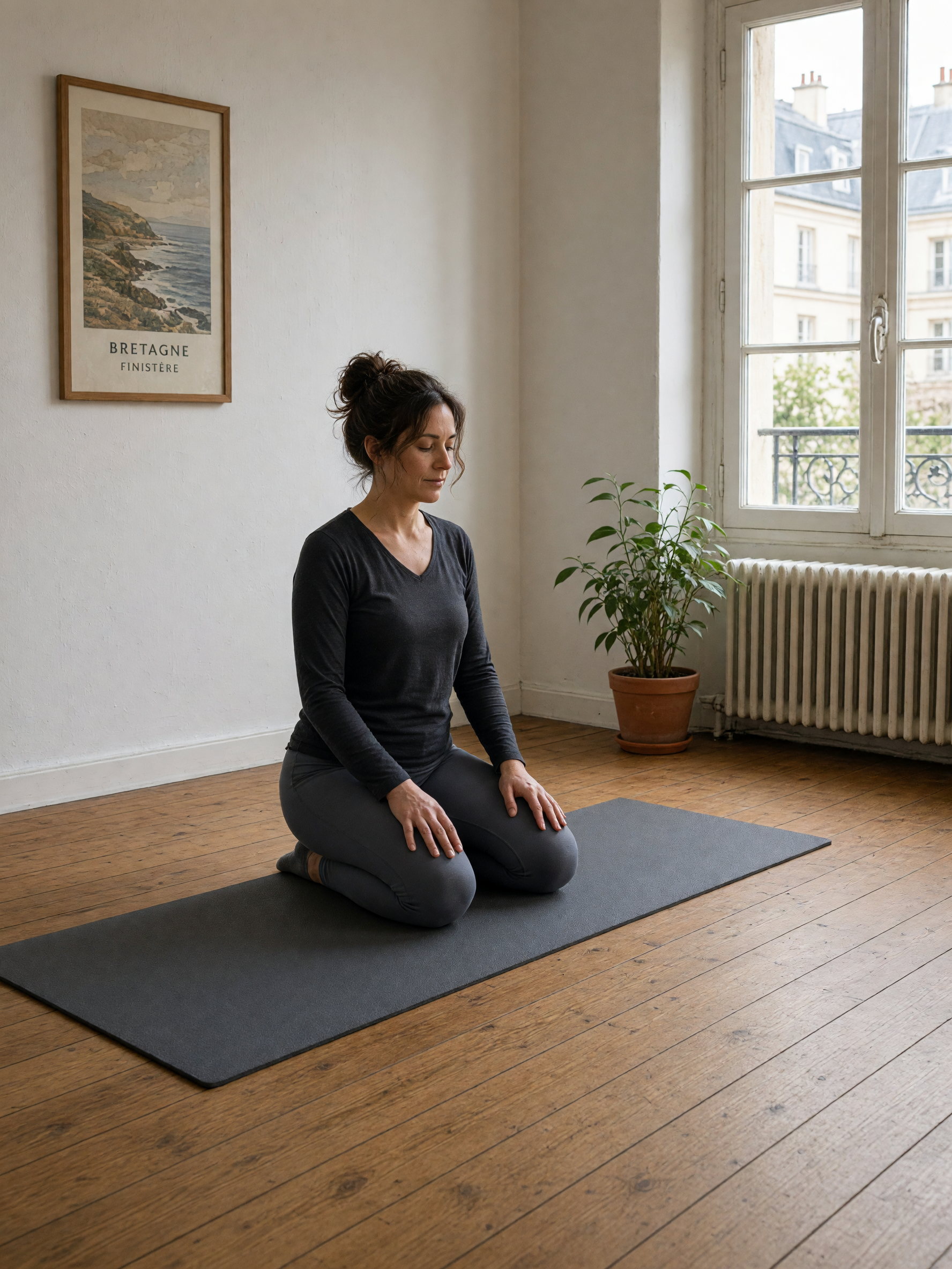 Une professeure de yoga à genoux sur son tapis, dans une pièce simple