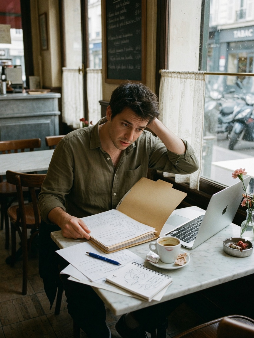 Une personne qui prépare le lancement de son activité, dans un café