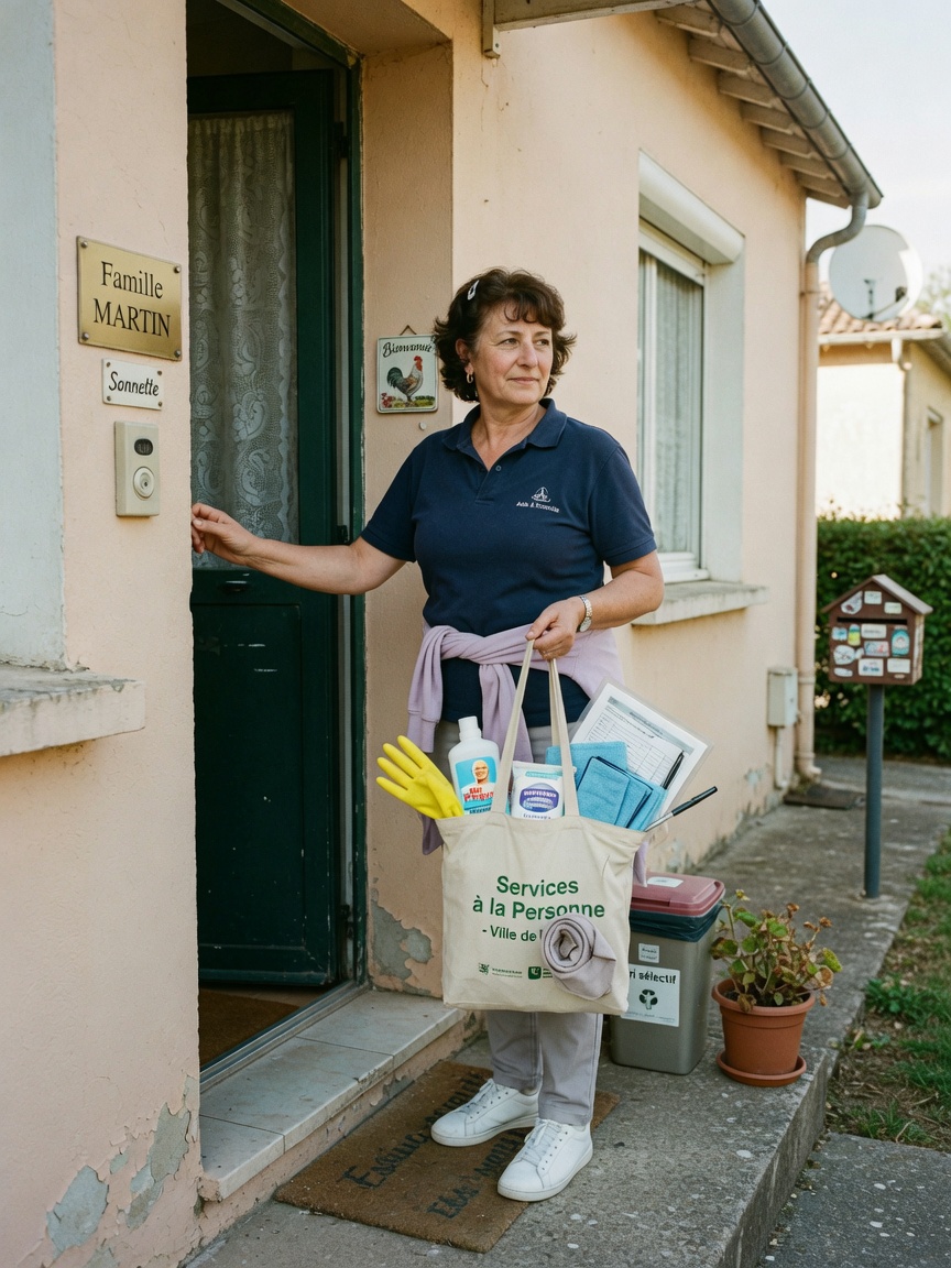 Une professionnelle des services à domicile sur le pas d’une porte