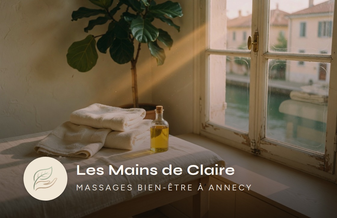 Recto de la carte Les Mains de Claire — logo, nom et slogan sur la photo du cabinet